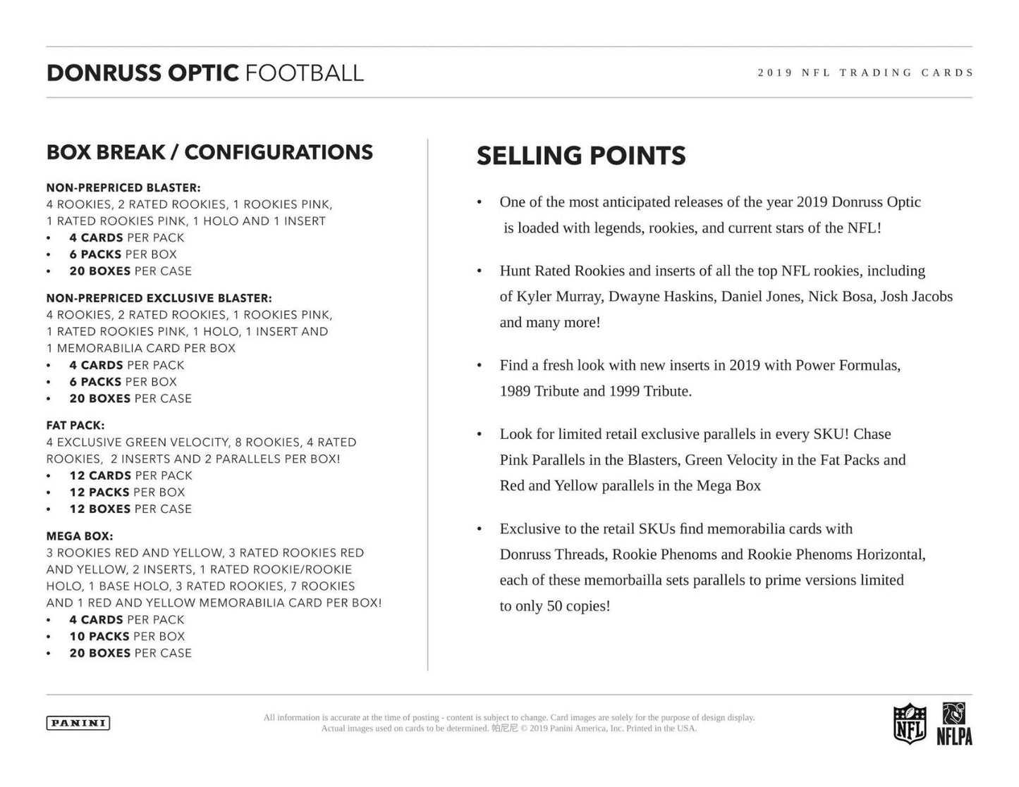 2019 Panini Donruss Optic Football Fat Pack Cello (Box)