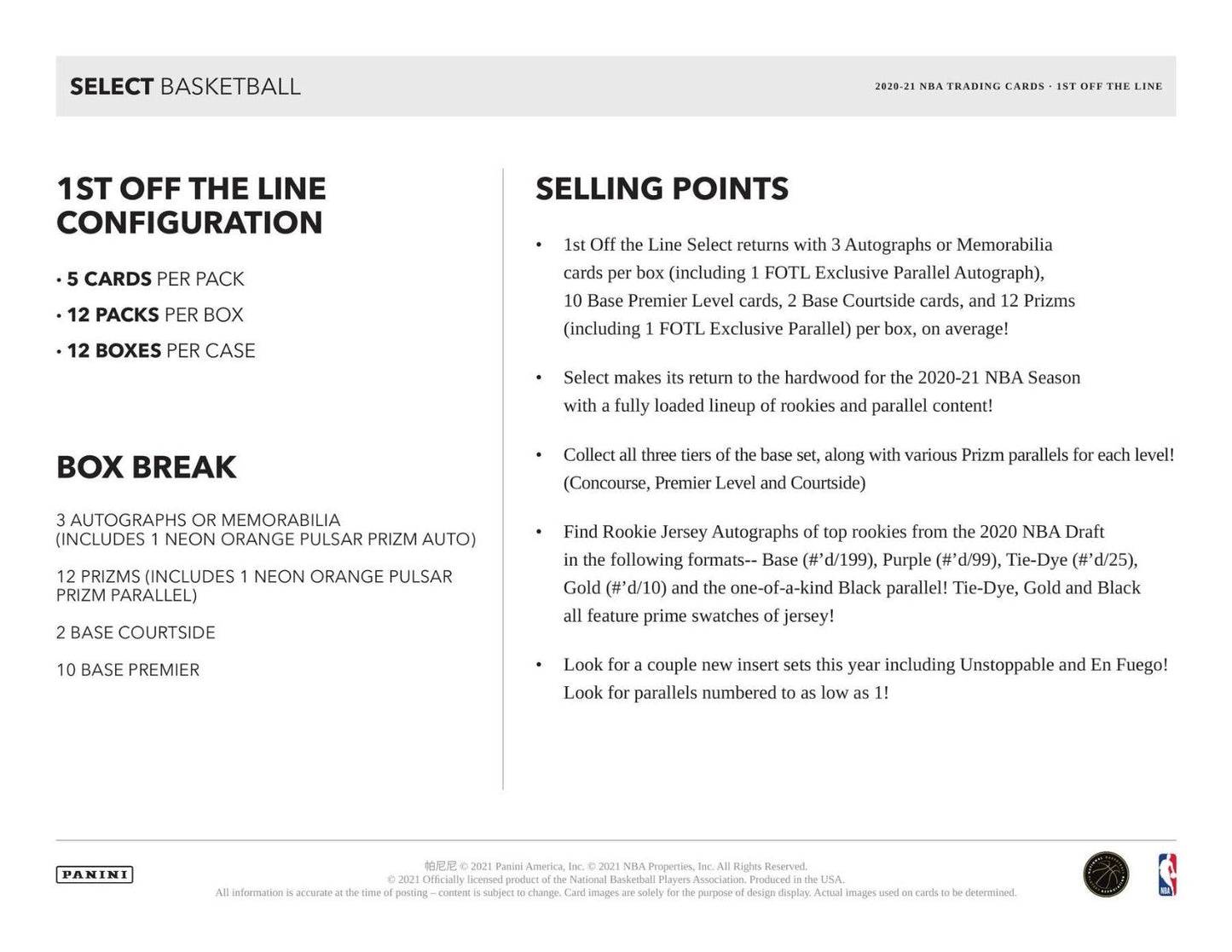 2020-21 Panini Select FOTL 1st off The Line Basketball Hobby (Box)