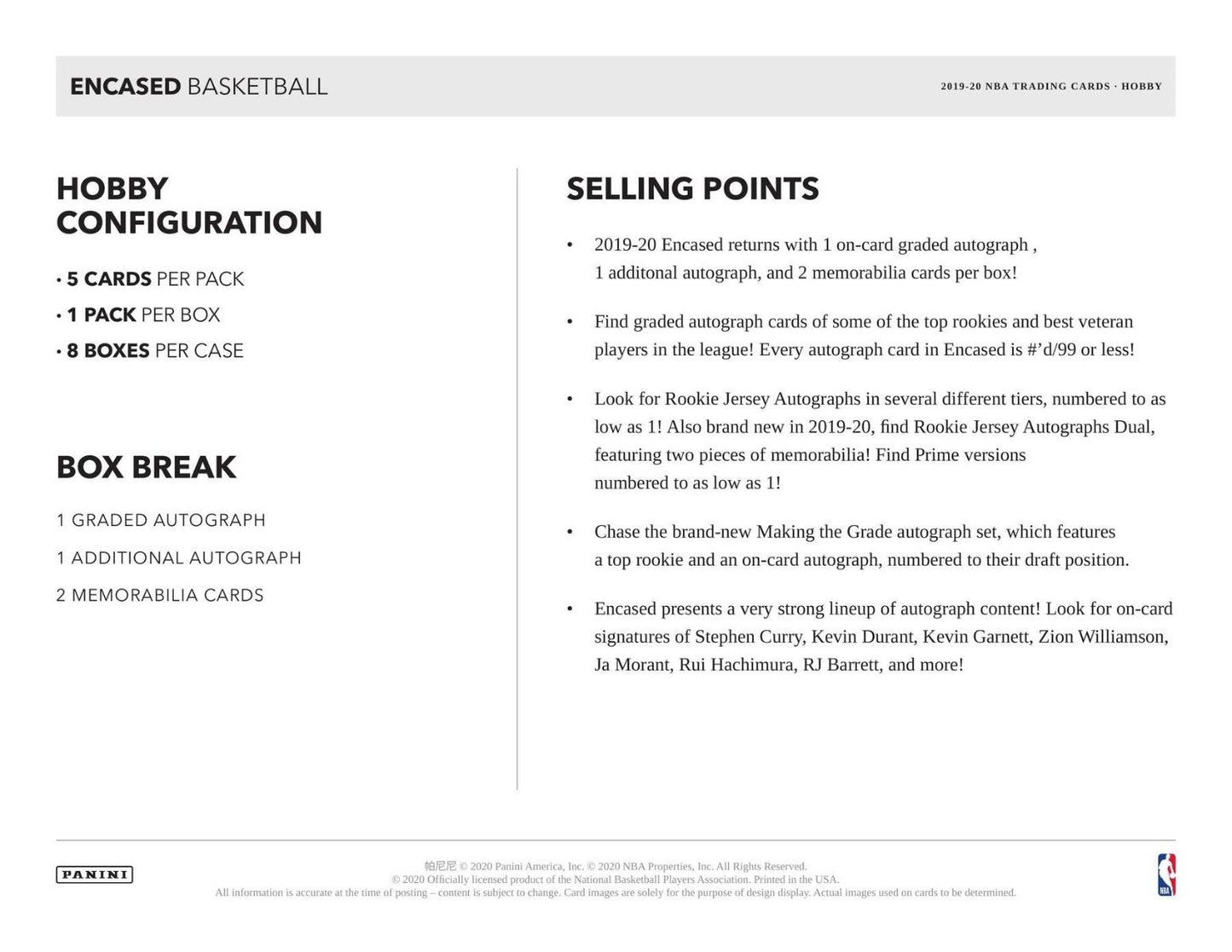 2019-20 Panini Encased Basketball Hobby (Box)