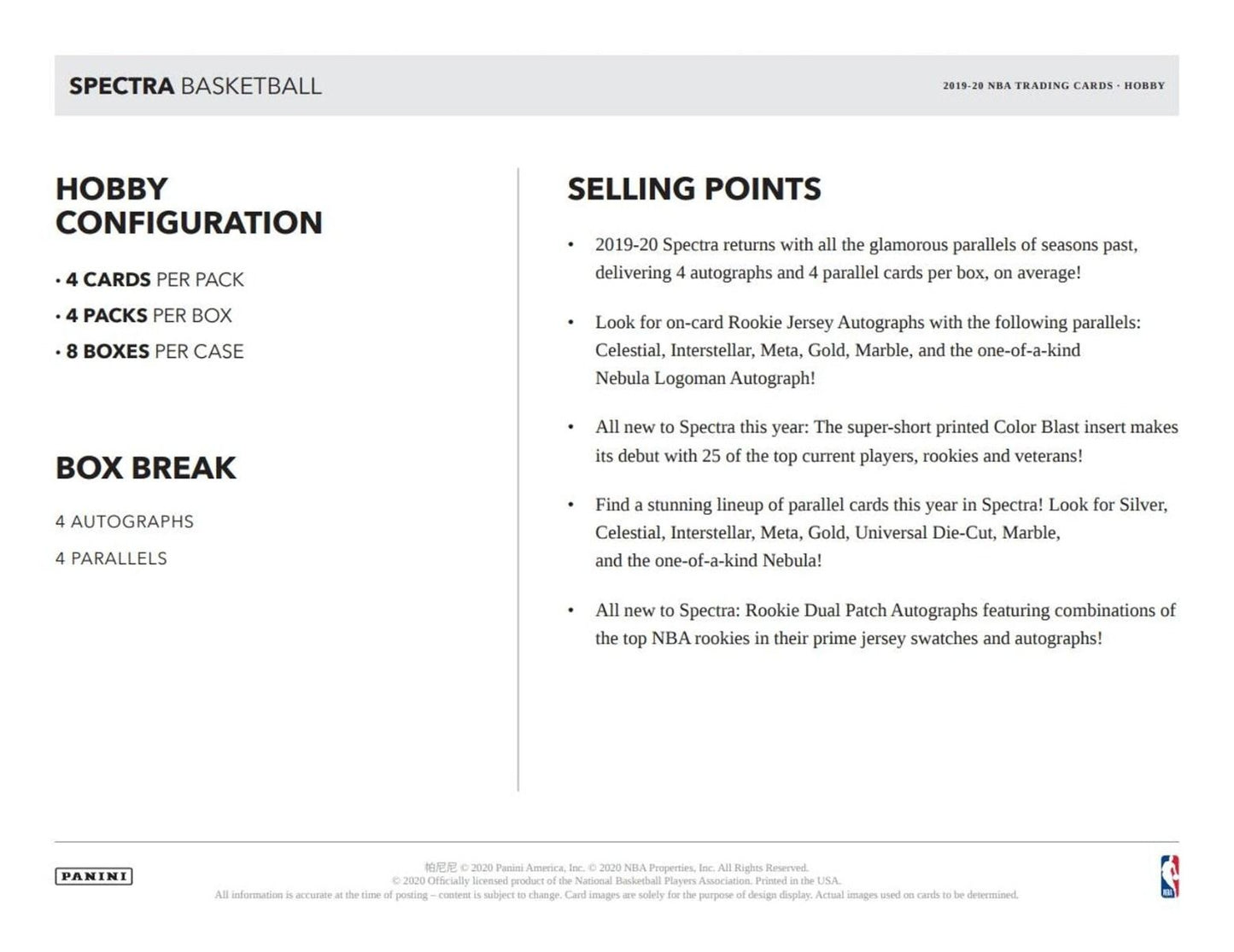 2019-20 Panini Spectra FOTL 1st off The Line Basketball Hobby (Box)