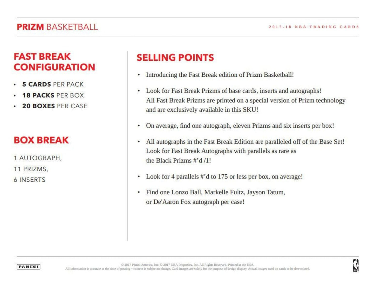2017-18 Panini Prizm Basketball Fast Break 20 Box (Case)