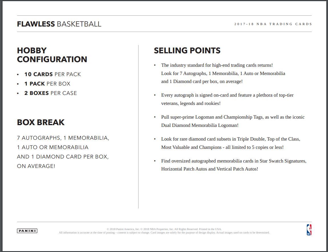 2017-18 Panini Flawless FOTL 1st off the Line Basketball Hobby (Box)