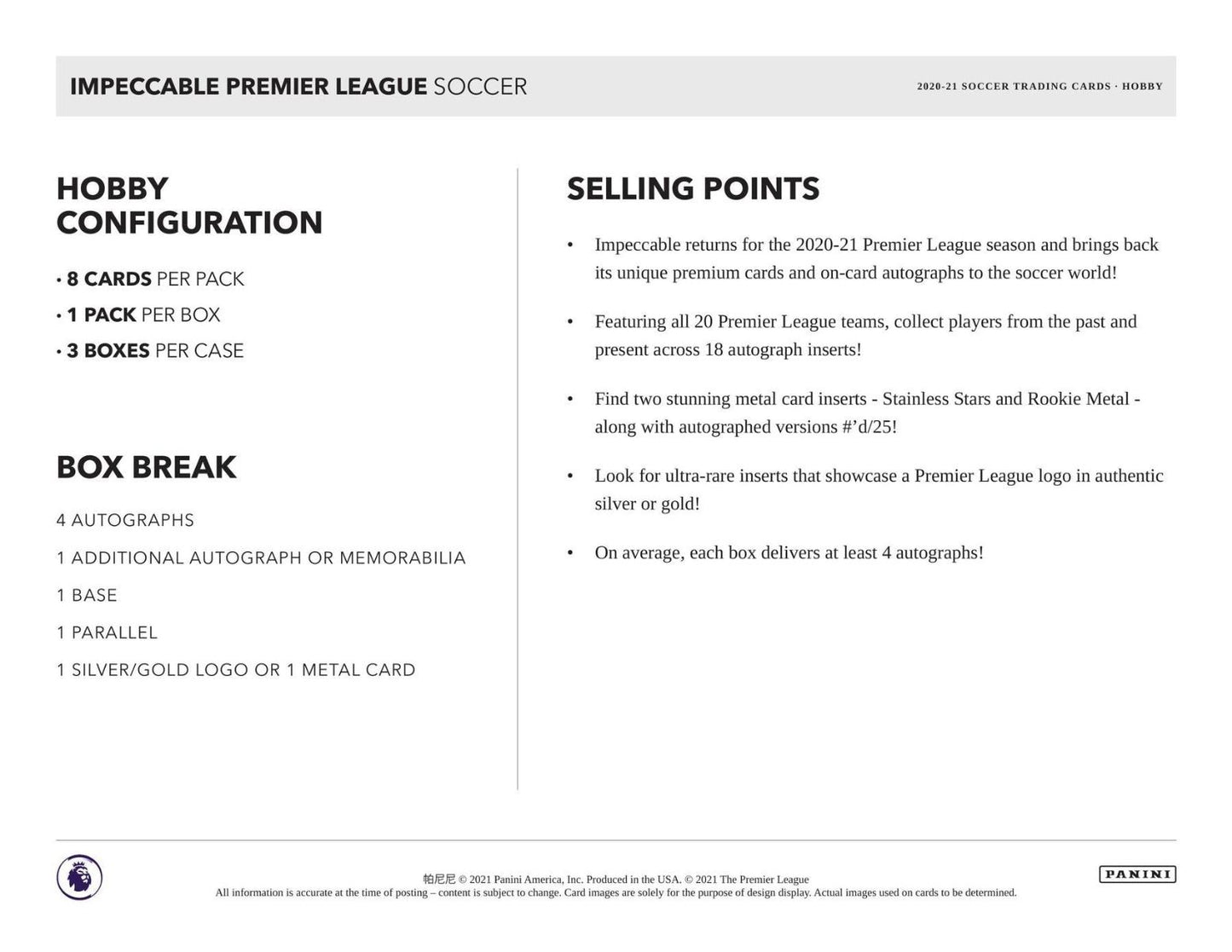 2020-21 Panini Impeccable Premier League Soccer Hobby (Box)