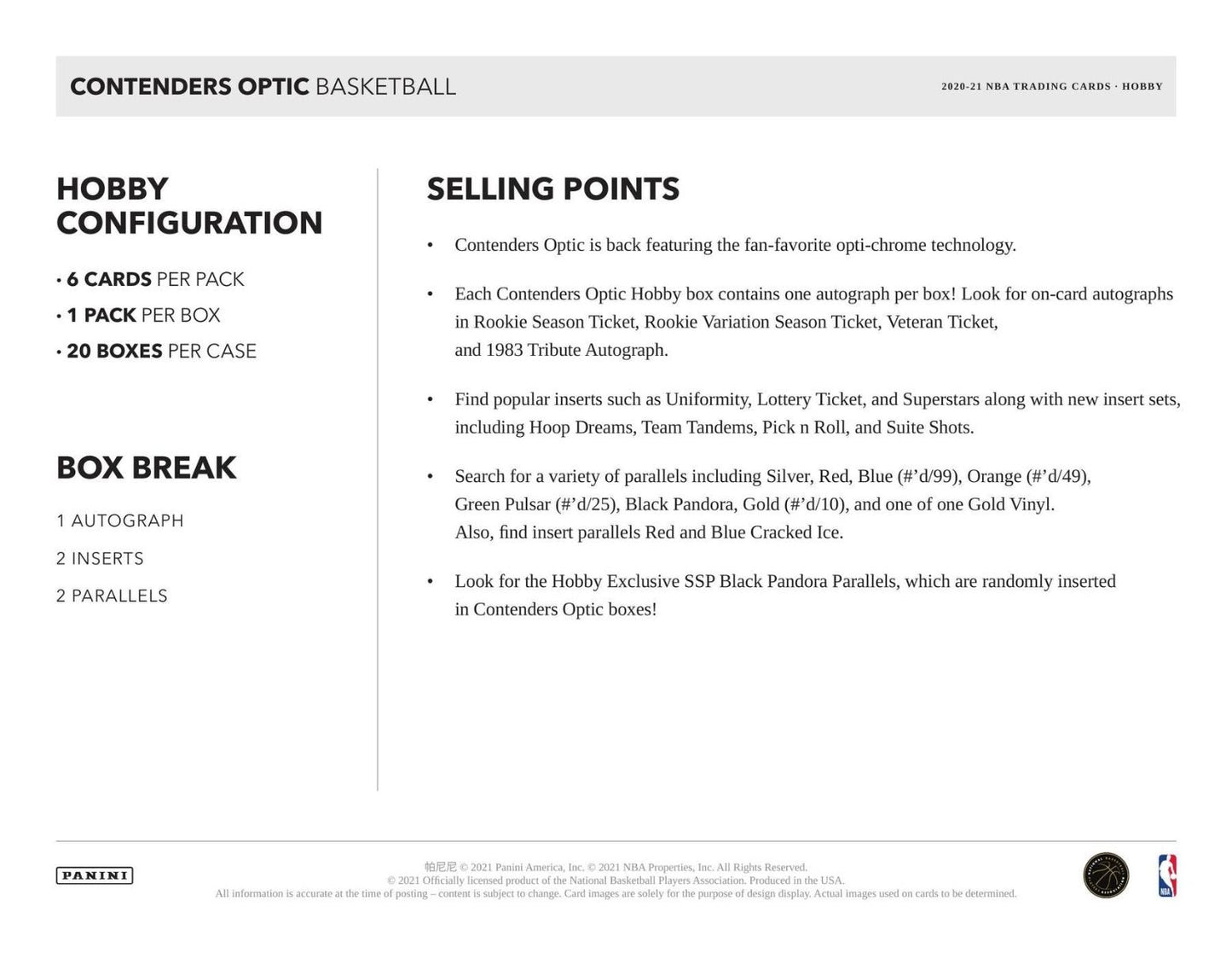 2020-21 Panini Contenders Optic Basketball Hobby 20 Box (Case)