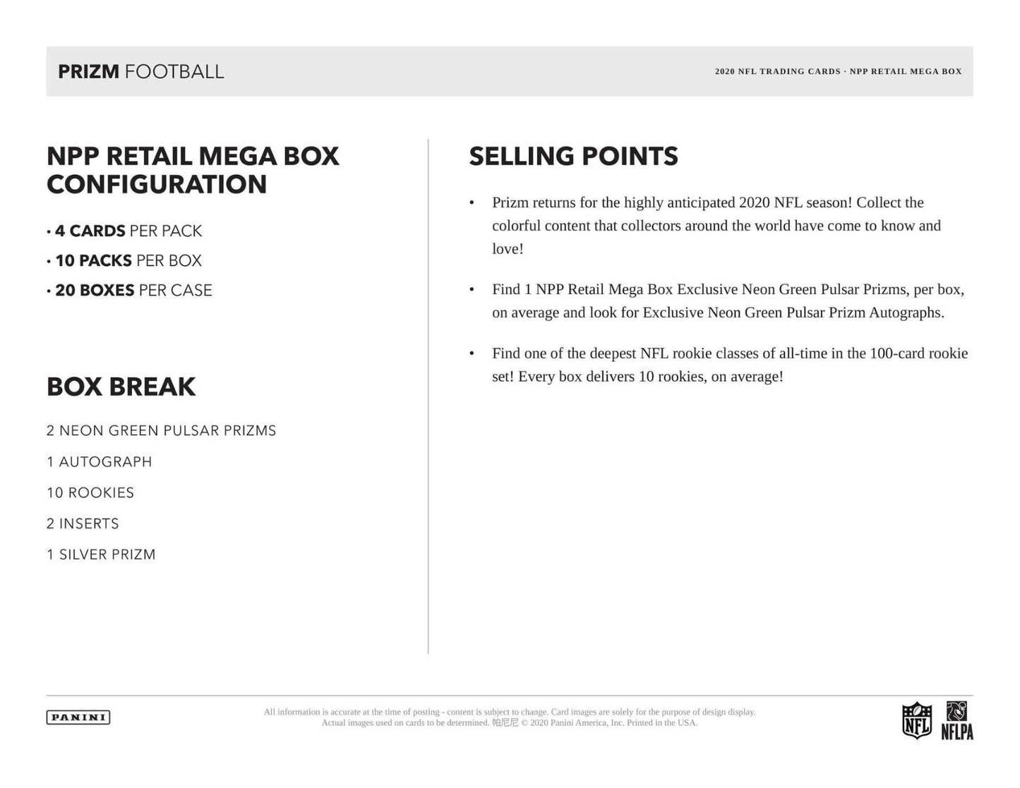 2020 Panini Prizm Football Mega 40ct 20 Box (Case)