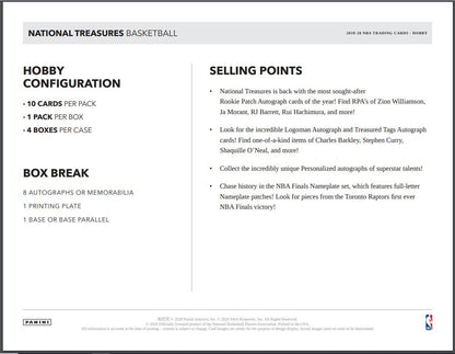 2019-20 Panini National Treasures Basketball Hobby 4 Box (Case)