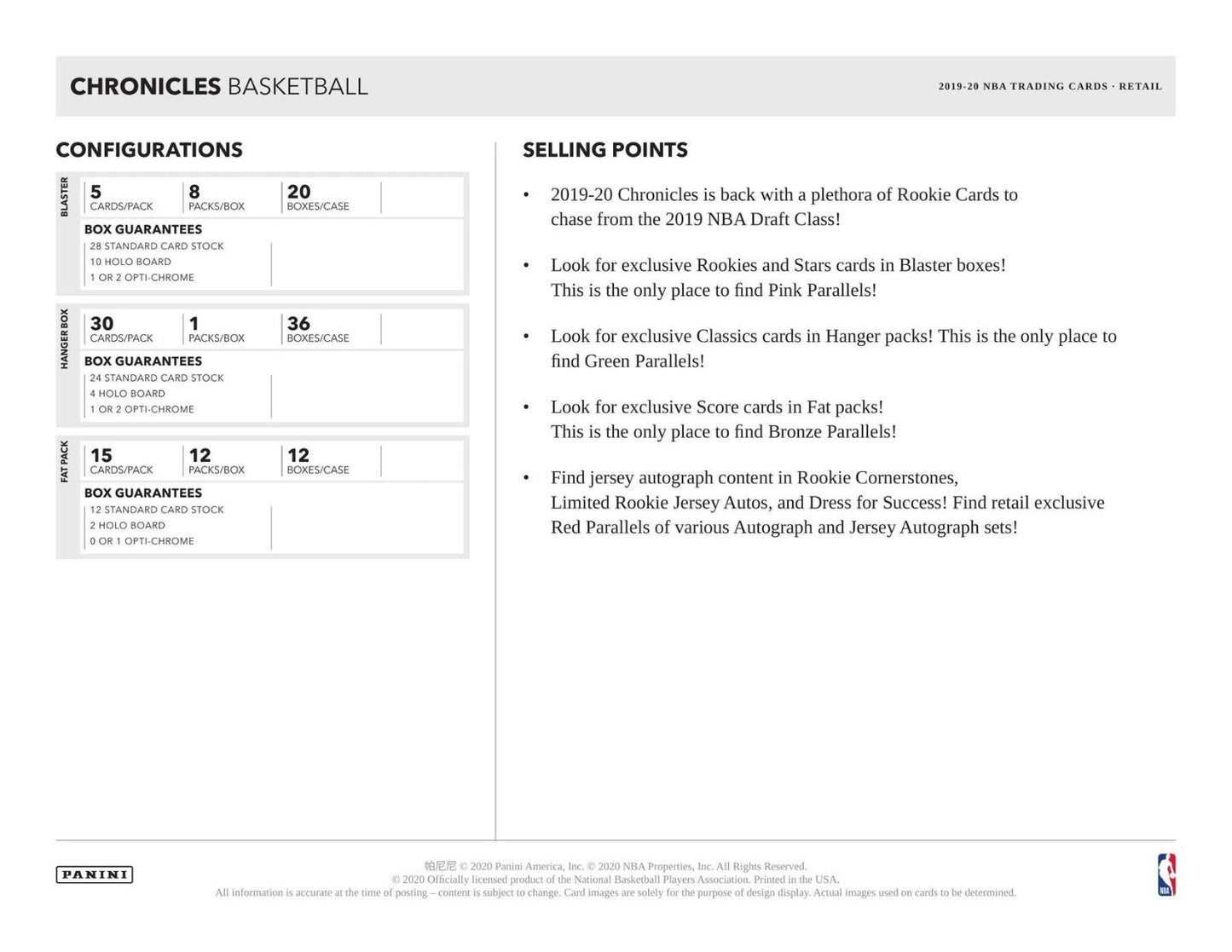 2019-20 Panini Chronicles Basketball Fat Pack Cello 12 Box (Case)