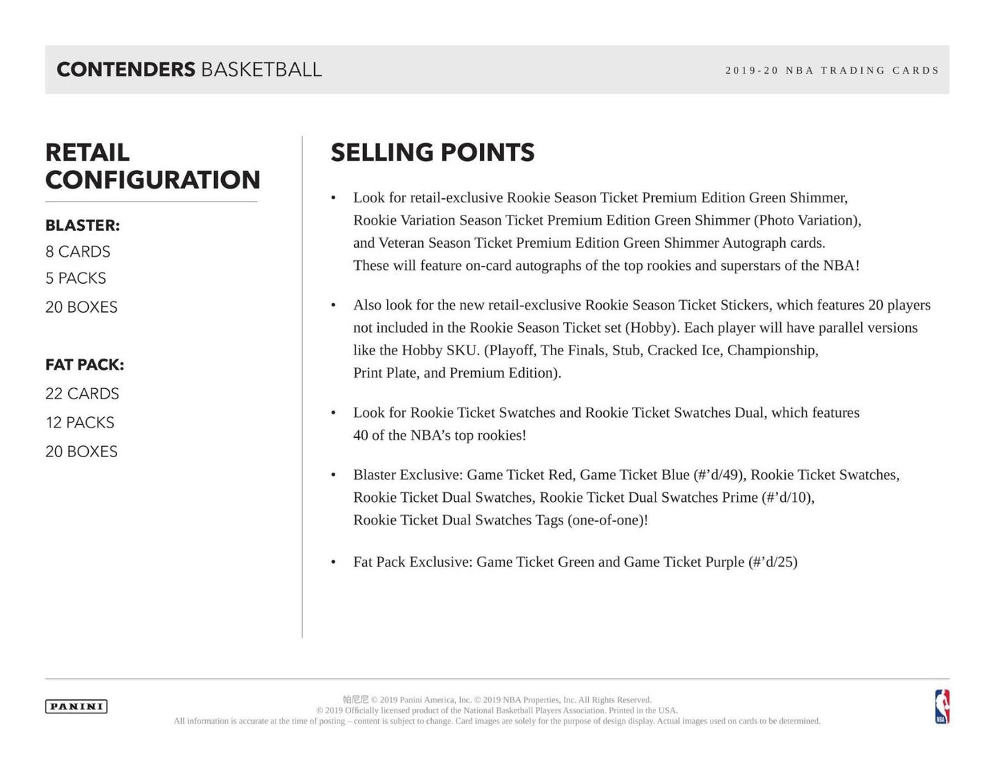 2019-20 Panini Contenders Basketball Fat Pack (Box)